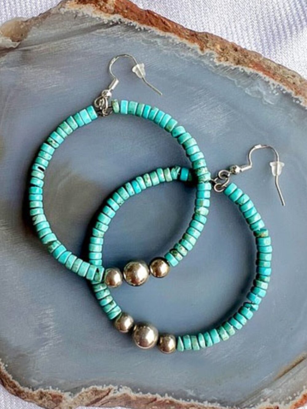 Turquoise Heishi Hoop Earrings W/S925 French Earwires & Sterling Beads 2"